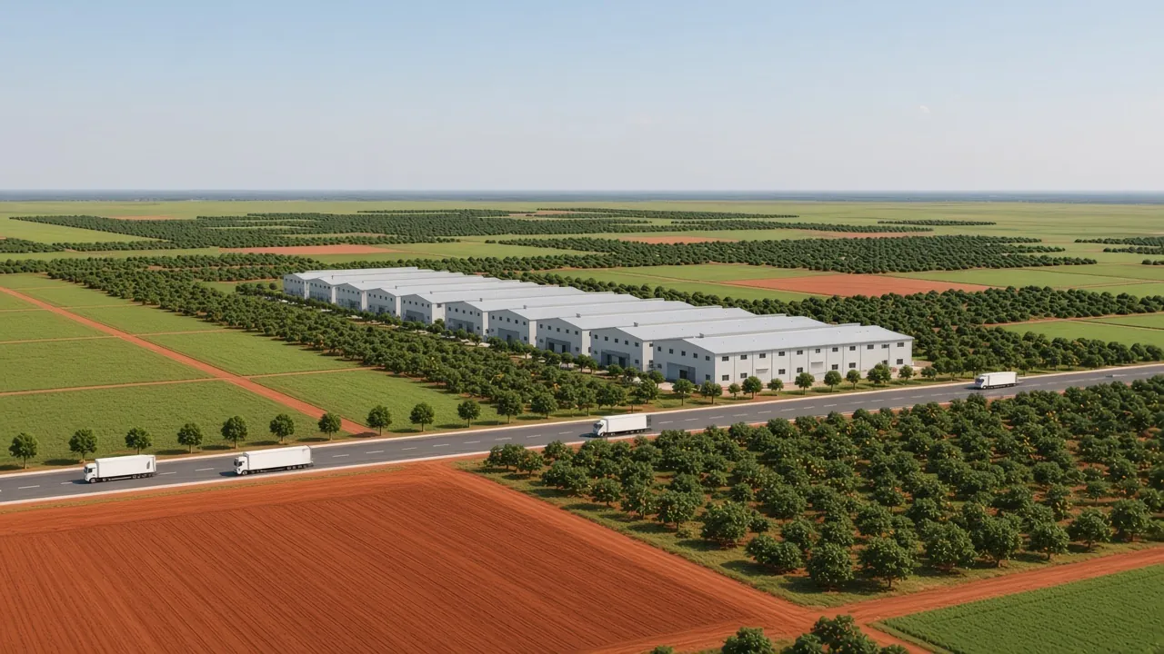 Artist's impression of Bàu Bàng Warehouse Park: a row of ten white two-level steel-frame warehouse units set among green fields and trees beside a highway with trucks